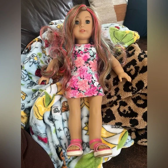 American Girl Doll with Pink and Blue Floral Dress - Picture 3 of 4